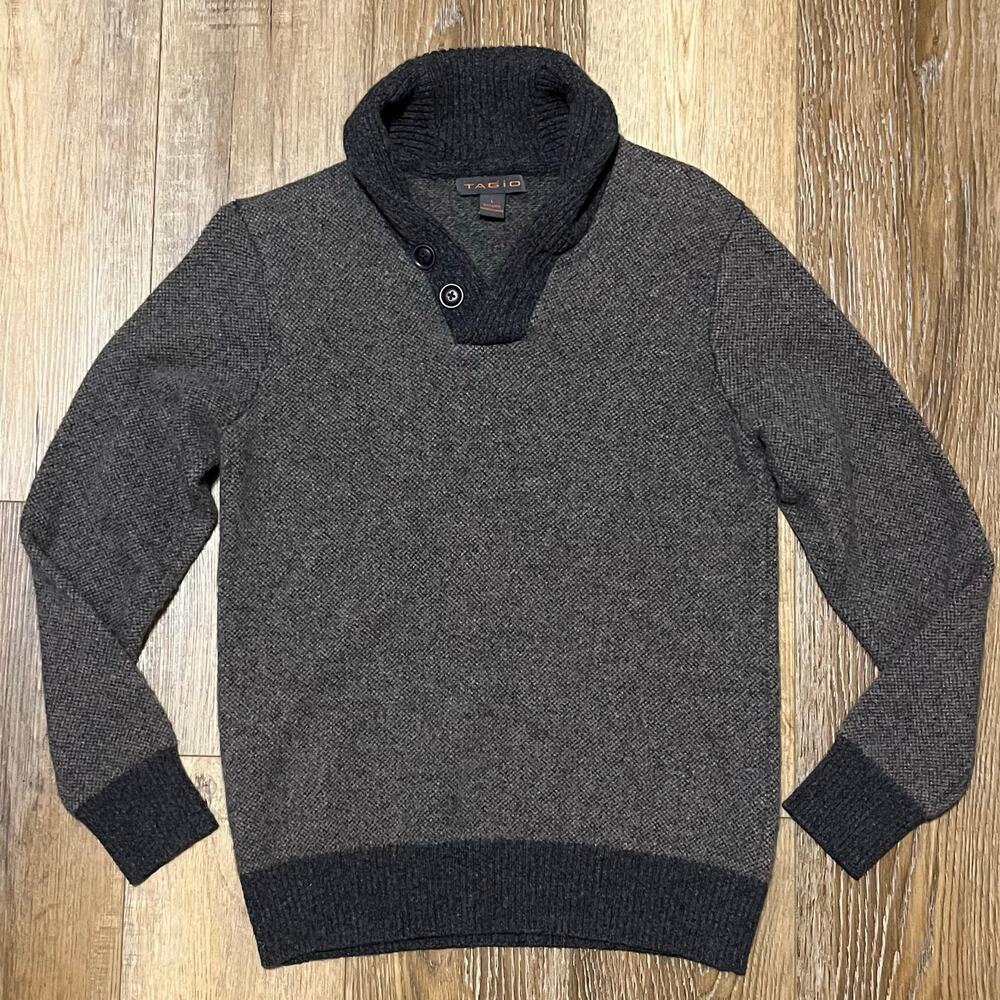 Tagio Men's 100% Wool Shawl Collar Sweater Gray Pullover Preppy Hipster Fits Sm